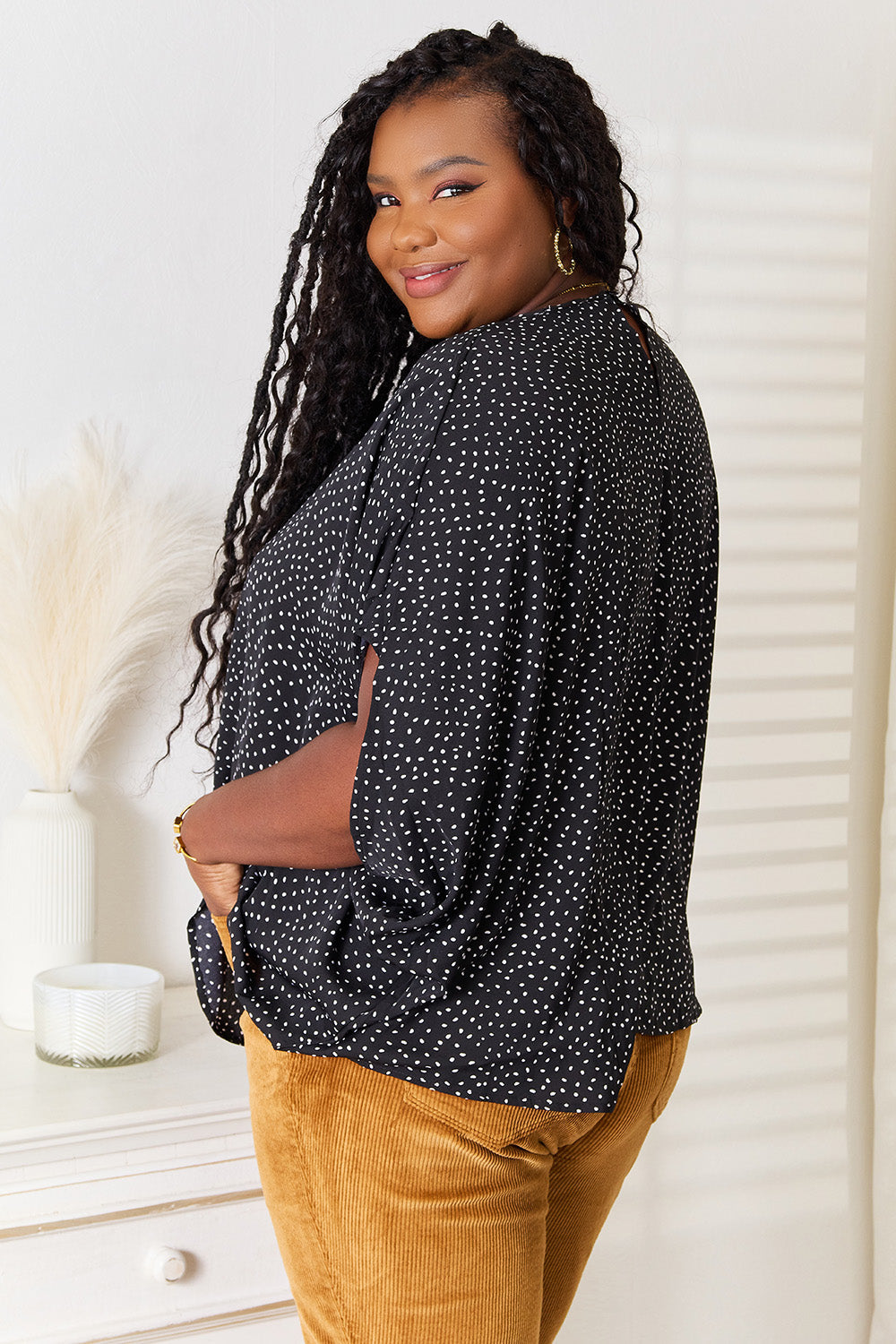 Printed Dolman Sleeve Round Neck Blouse - TOPS - Black