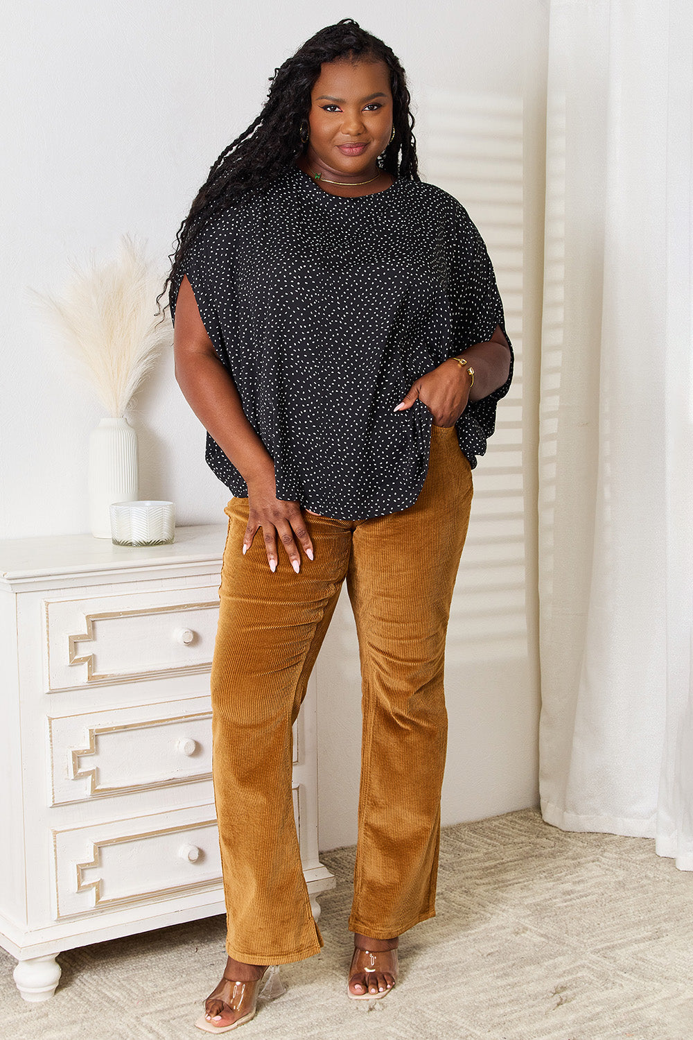 Printed Dolman Sleeve Round Neck Blouse - TOPS - Black