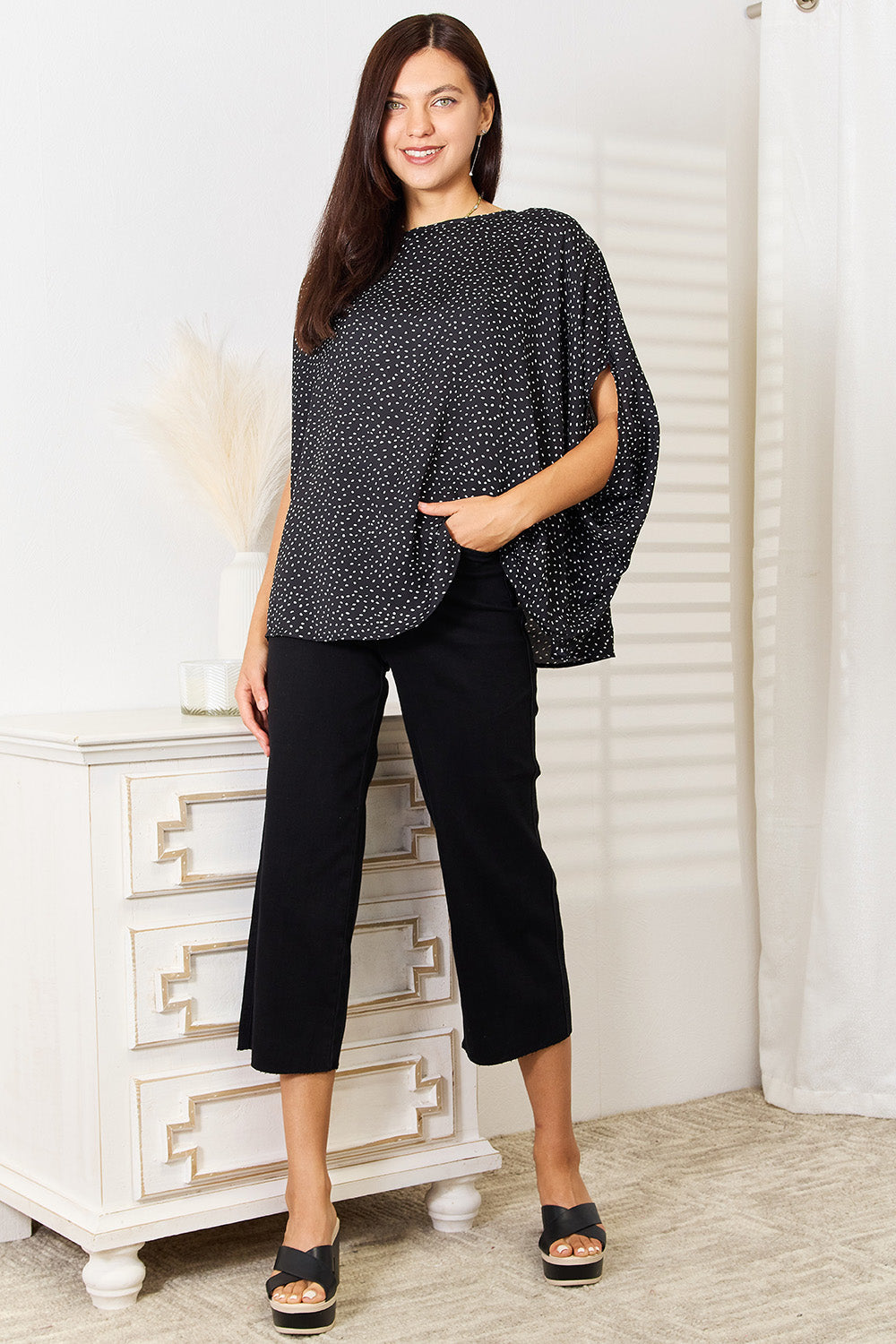 Printed Dolman Sleeve Round Neck Blouse - TOPS - Black