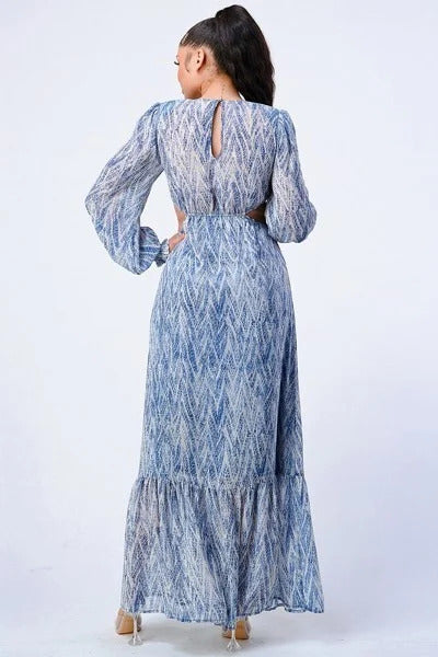 Printed V Neck Self Belted Side Cut Out Ruffled Maxi Dress Smile Sparker