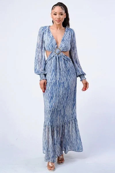 Printed V Neck Self Belted Side Cut Out Ruffled Maxi Dress Smile Sparker