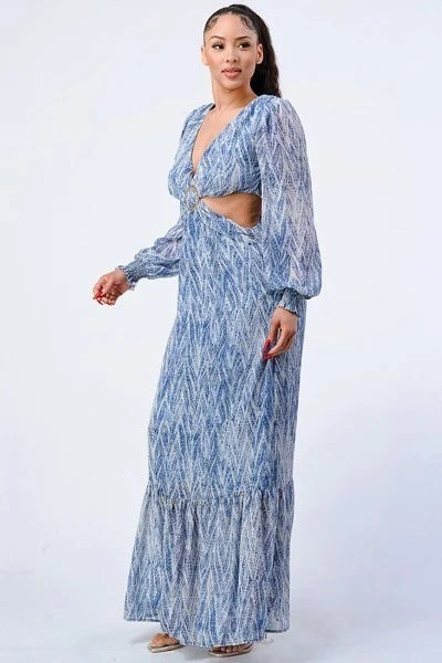 Printed V Neck Self Belted Side Cut Out Ruffled Maxi Dress Smile Sparker