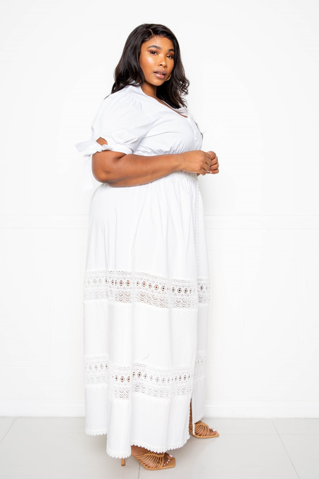 Puff Sleeve Maxi Dress With Lace Insert Smile Sparker