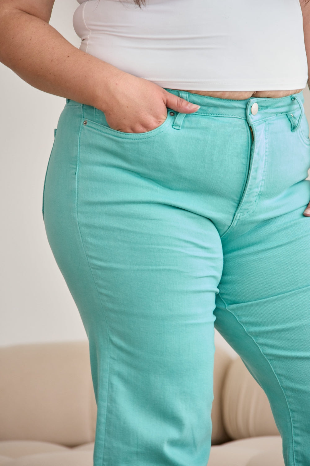 RFM Crop Chloe Full Size Tummy Control High Waist Raw Hem Jeans - JEANS - Green
