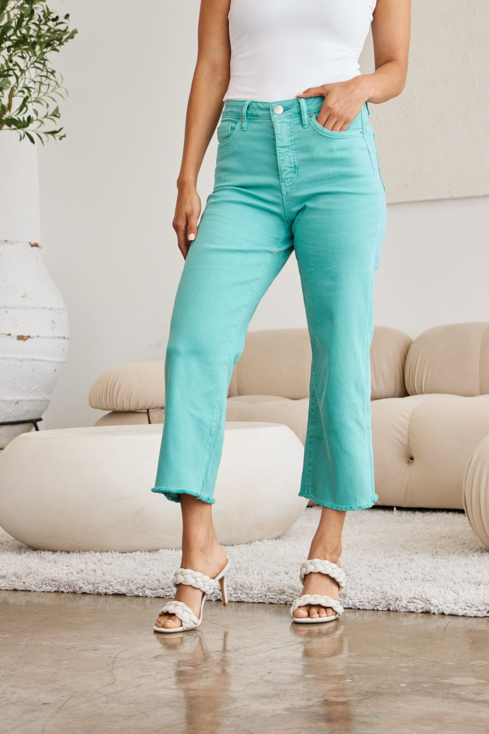 RFM Crop Chloe Full Size Tummy Control High Waist Raw Hem Jeans - JEANS - Green