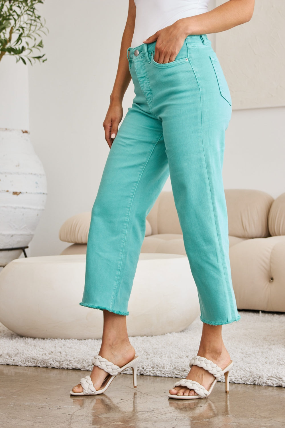 RFM Crop Chloe Full Size Tummy Control High Waist Raw Hem Jeans - JEANS - Green
