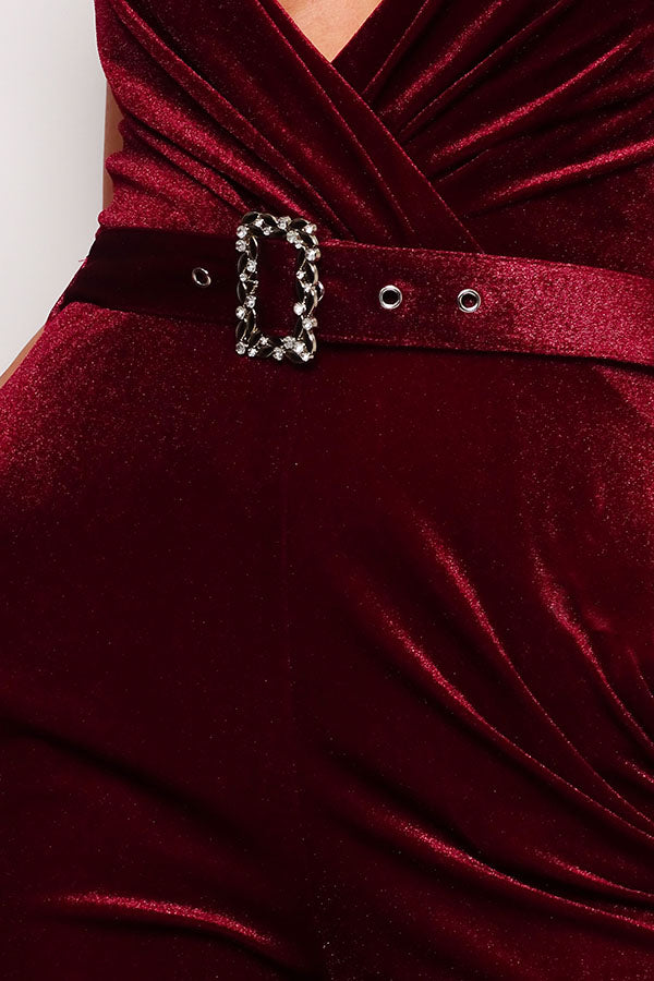 Samba Rhinestone Belt Velvet Jumpsuit - JUMPSUITS - Red