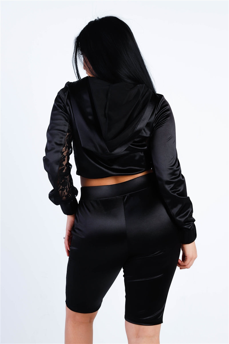 Satin Lace Details Long Sleeve Hooded Crop Top & Biker Short Set Smile Sparker