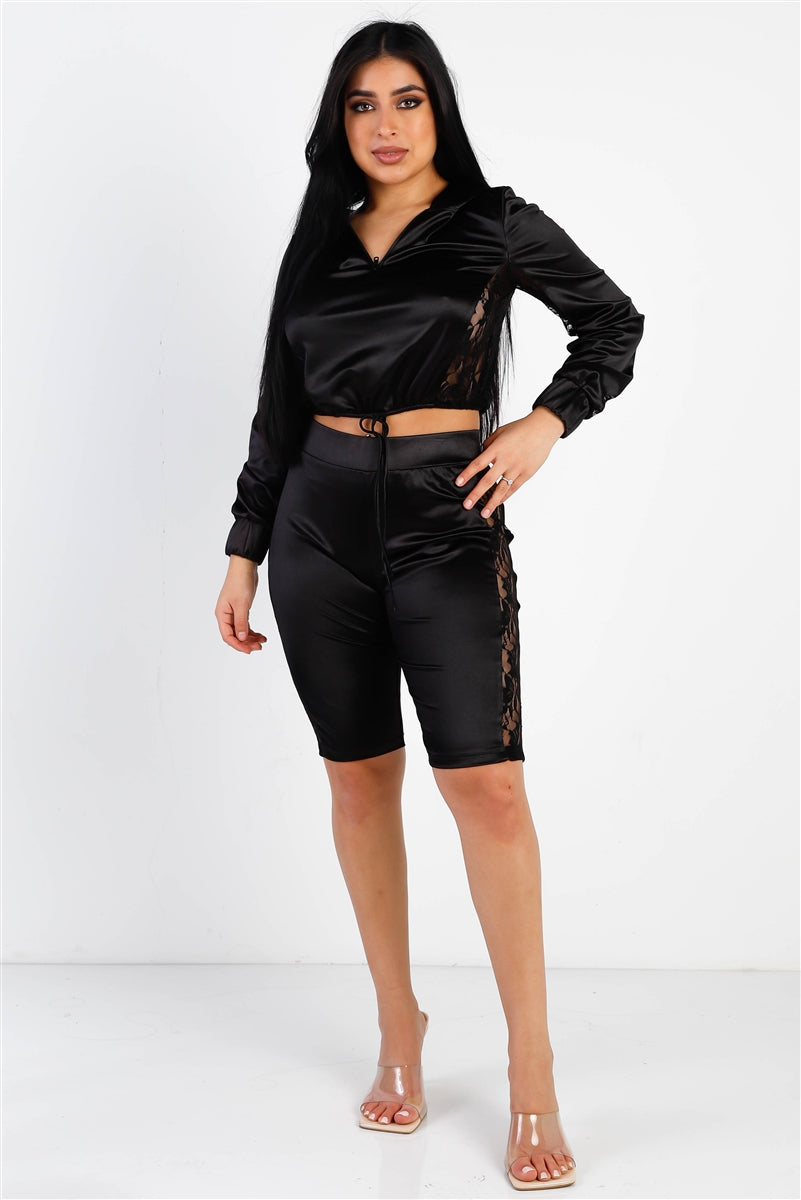 Satin Lace Details Long Sleeve Hooded Crop Top & Biker Short Set Smile Sparker