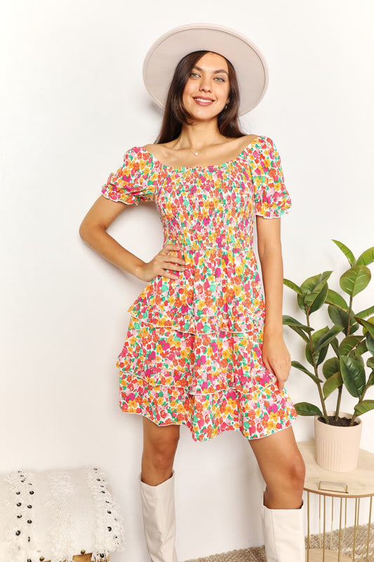 Smocked Sweetheart Neck Flounce Sleeve Mini Dress - Strawberry / S - DRESSES - Floral print