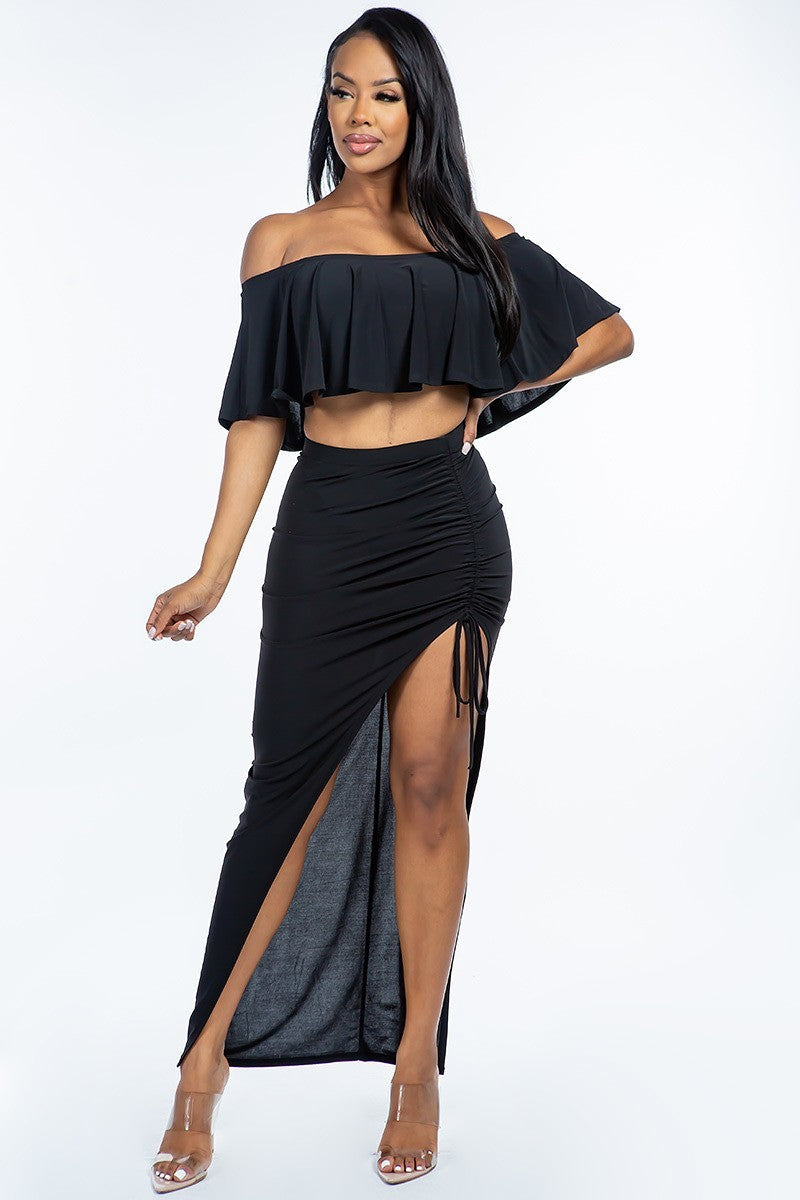 Solid Ity Off The Shoulder Ruffled Cropped Top And Ruched Maxi Skirt Two Piece Set Smile Sparker