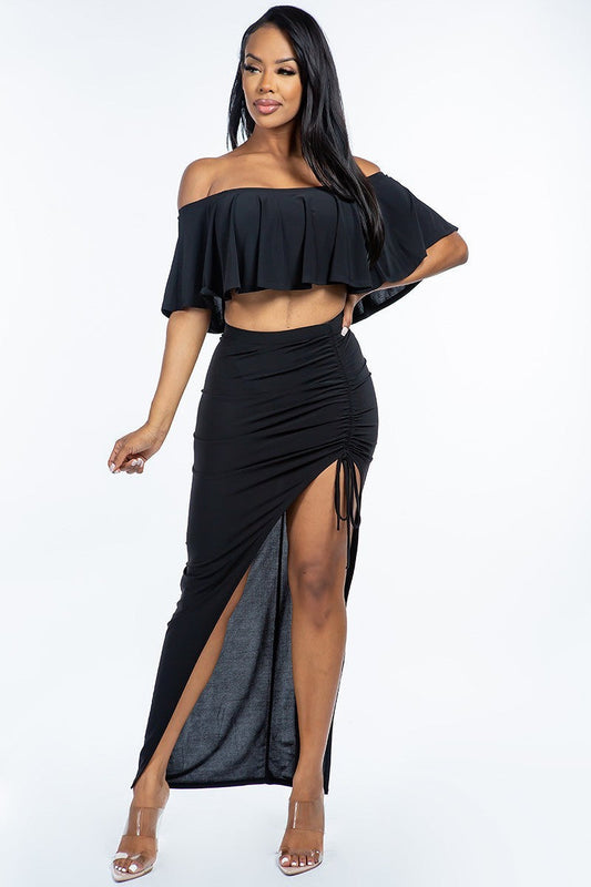 Solid Ity Off The Shoulder Ruffled Cropped Top And Ruched Maxi Skirt Two Piece Set Smile Sparker