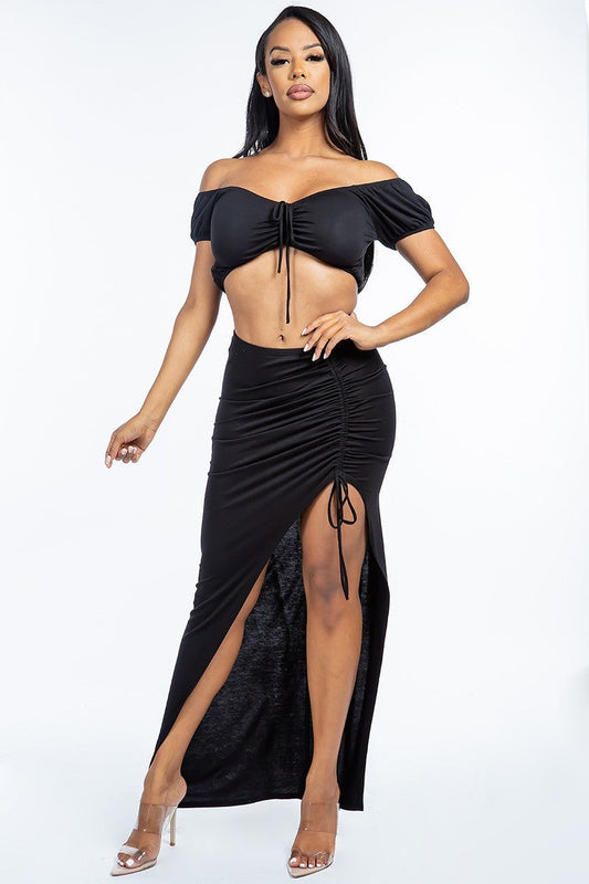 Solid Ruched Front Off The Shoulder Short Sleeve Cropped Top And Side Ruched Asymmetrical Skirt Two Piece Set Smile Sparker