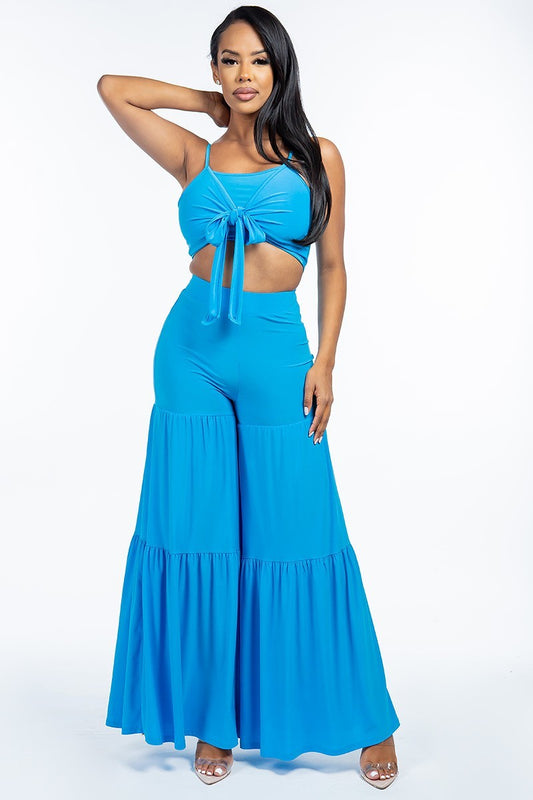 Solid Tie Front Spaghetti Strap Tank Top And Tiered Wide Leg Pants Two Piece Set Smile Sparker