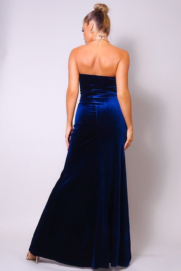 Strapless Sweetheart Maxi Velvet Dress - DRESSES - Blue