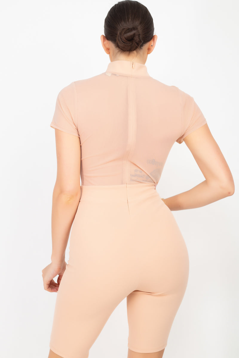 Stripe Mesh Mock Neck Biker Romper Smile Sparker