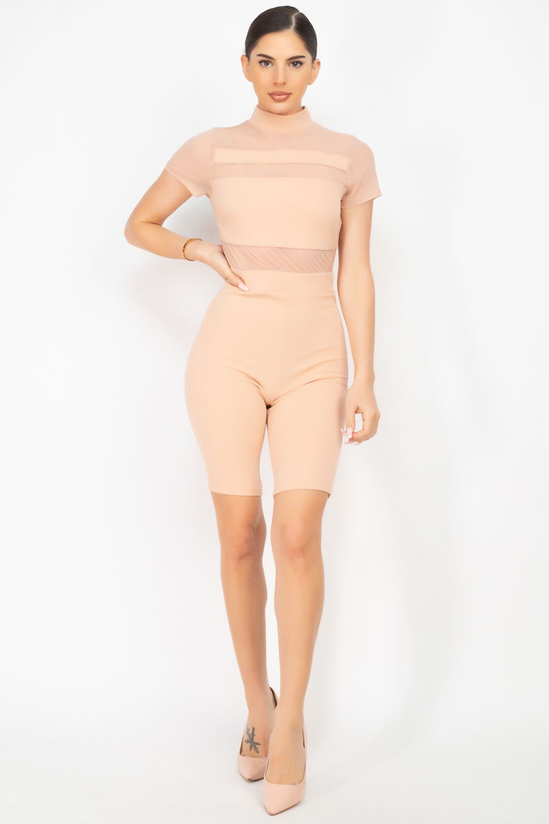 Stripe Mesh Mock Neck Biker Romper Smile Sparker