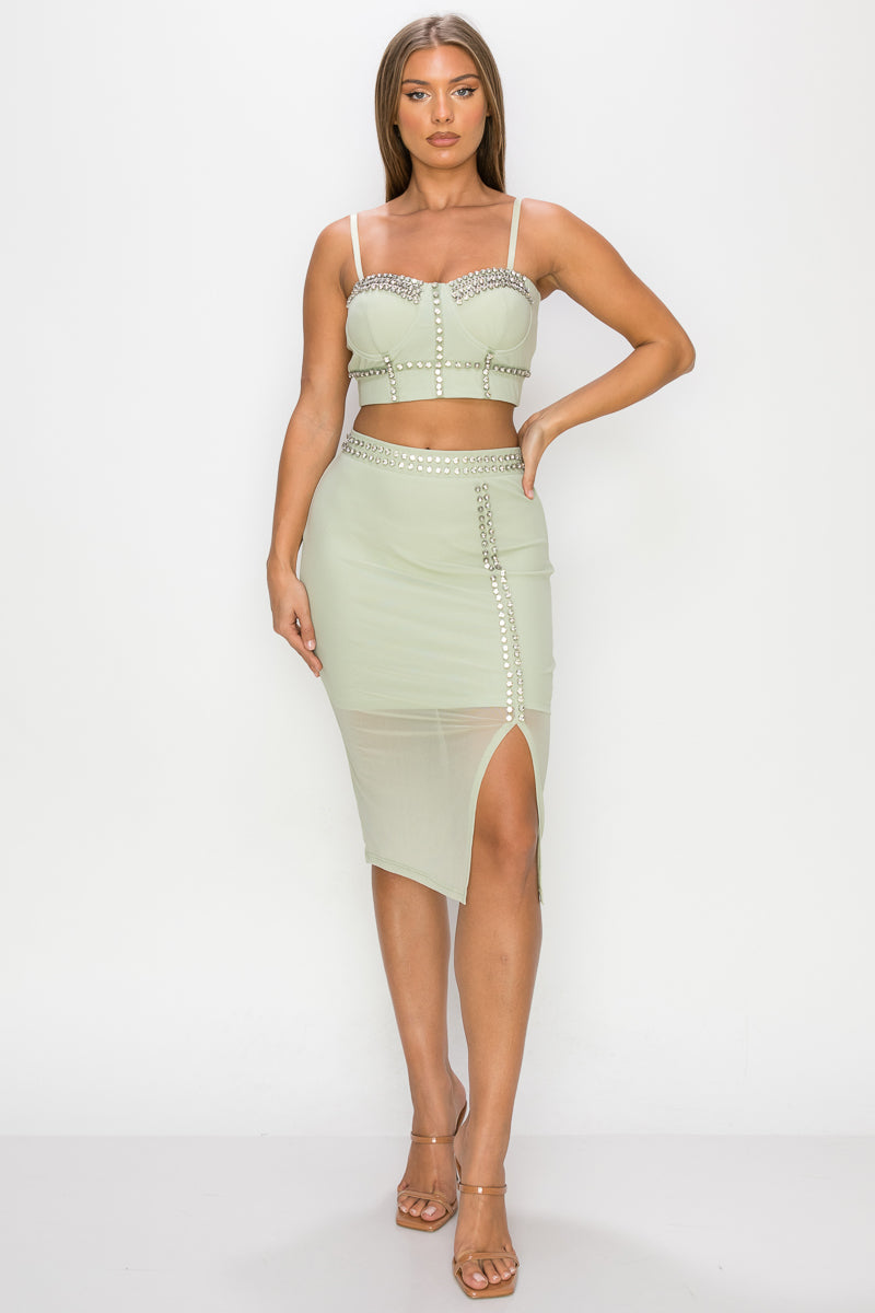 Studded Stone Cami Top & Slit Mini Skirts Set Smile Sparker