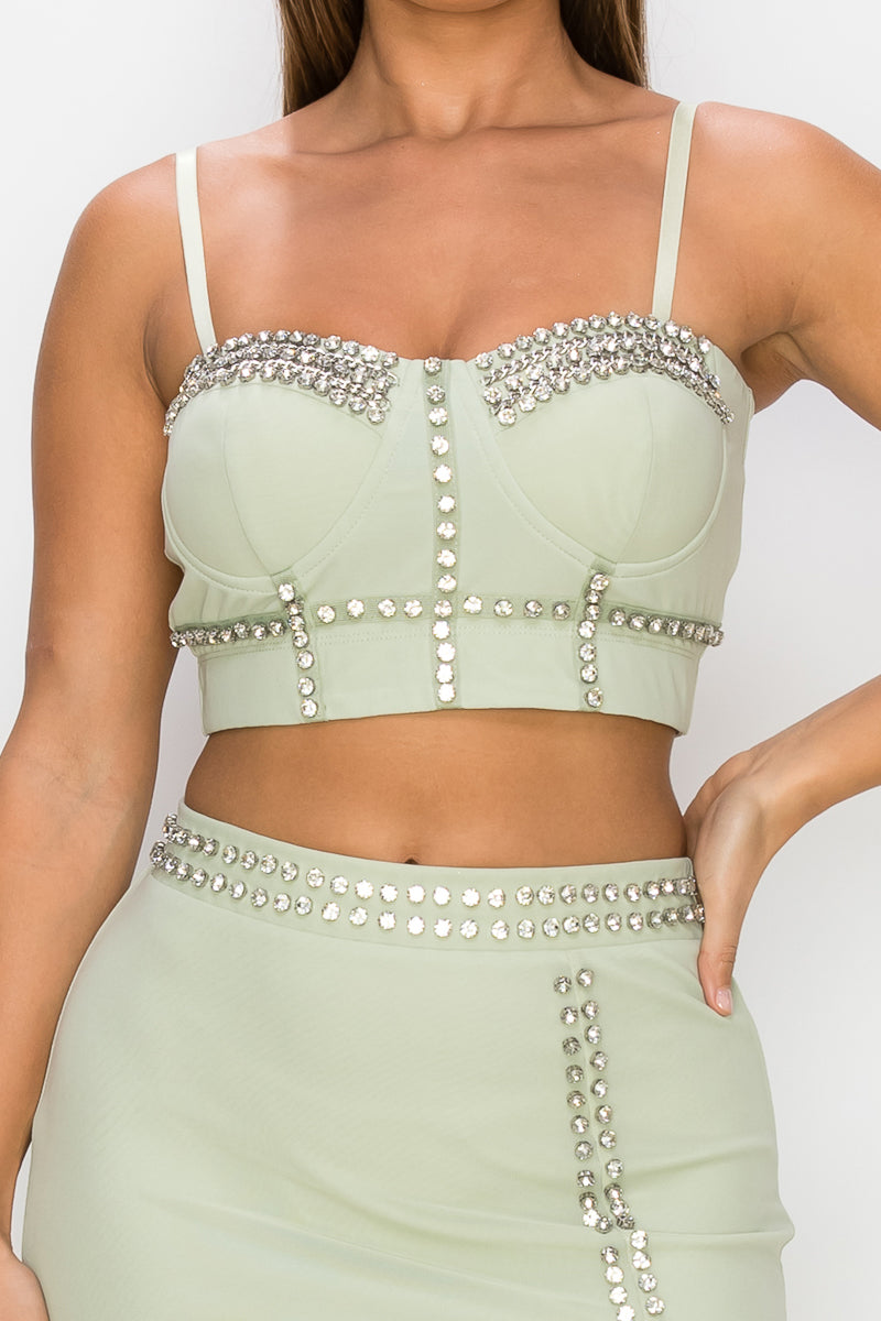 Studded Stone Cami Top & Slit Mini Skirts Set Smile Sparker