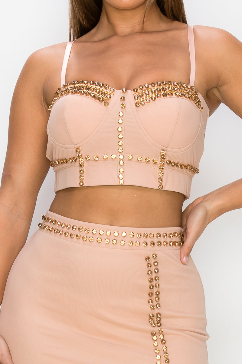 Studded Stone Cami Top & Slit Mini Skirts Set Smile Sparker