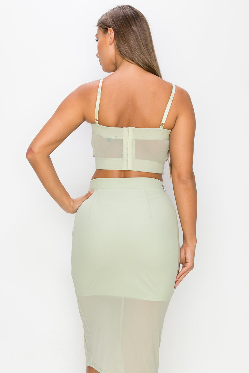 Studded Stone Cami Top & Slit Mini Skirts Set Smile Sparker