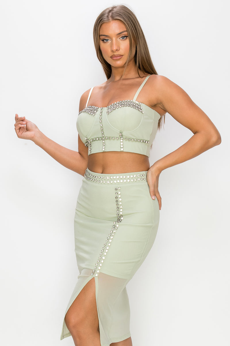 Studded Stone Cami Top & Slit Mini Skirts Set Smile Sparker