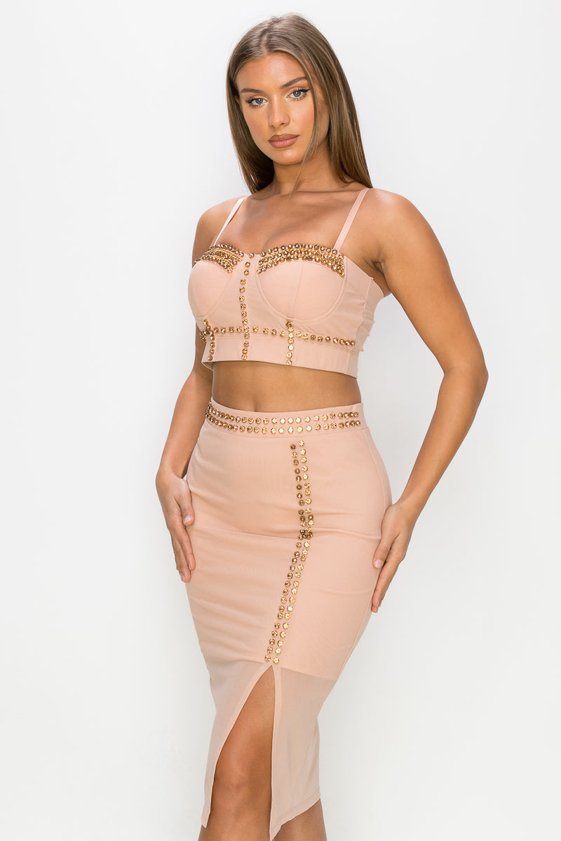 Studded Stone Cami Top & Slit Mini Skirts Set Smile Sparker