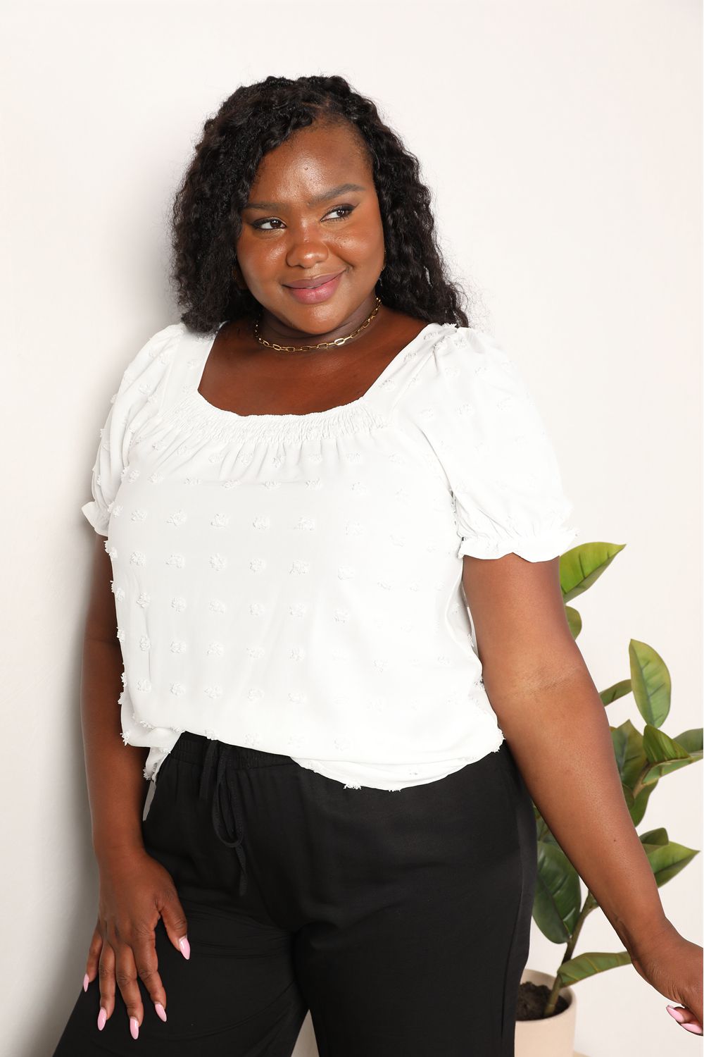 Swiss Dot Puff Sleeve Square Neck Blouse - SHIRTS & BLOUSES - White