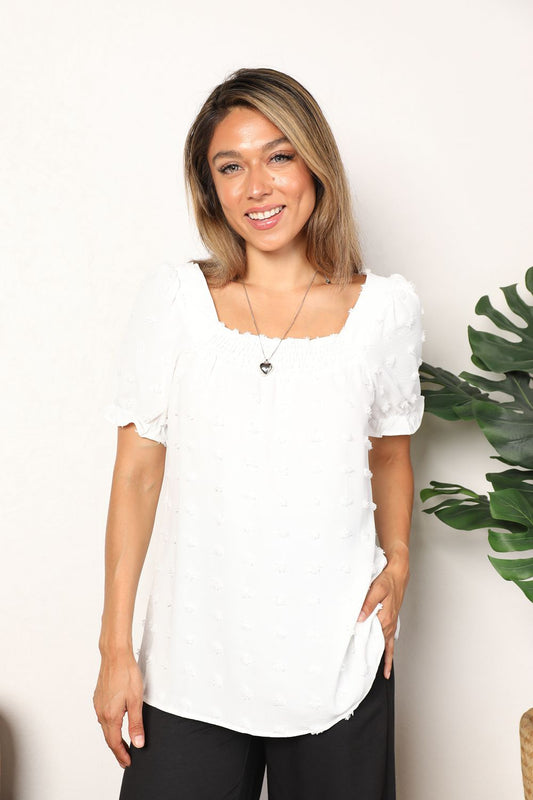 Swiss Dot Puff Sleeve Square Neck Blouse - White / S - SHIRTS & BLOUSES - White