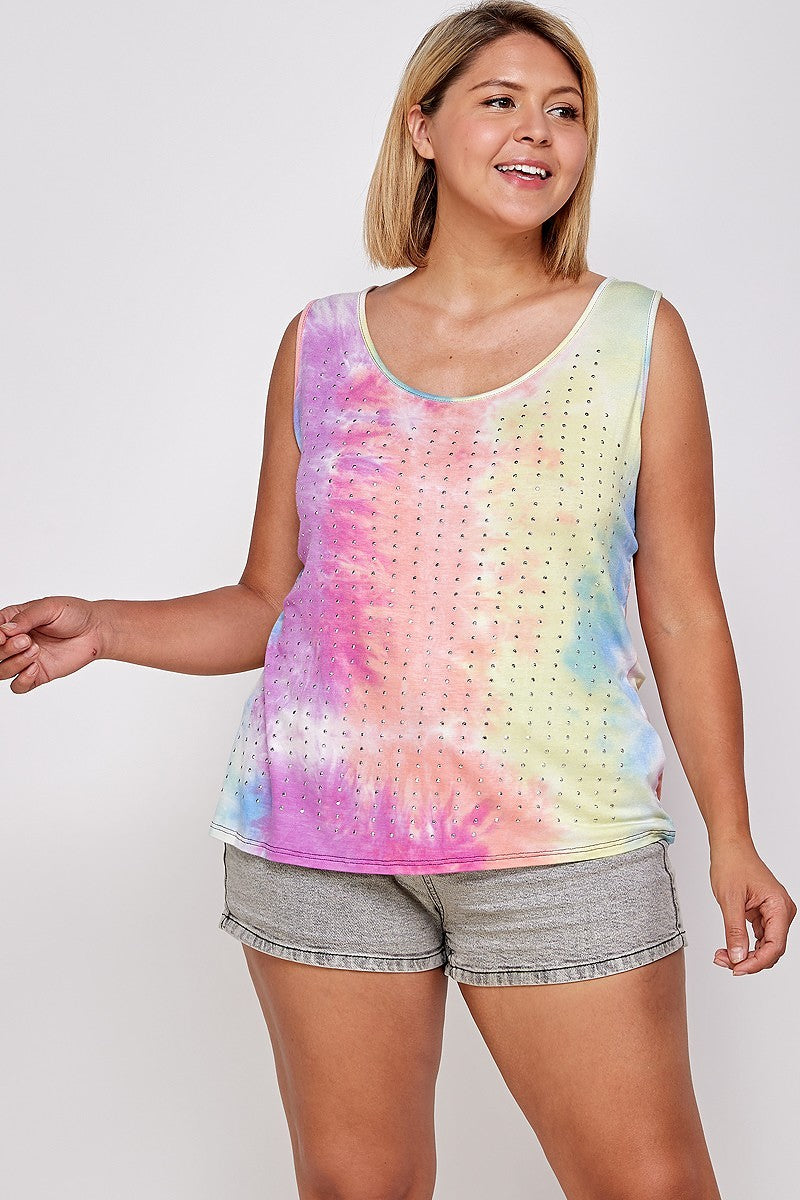 Tie Dye Tank With Studded Detail, Loose Fit, Easy Casual Wear Smile Sparker