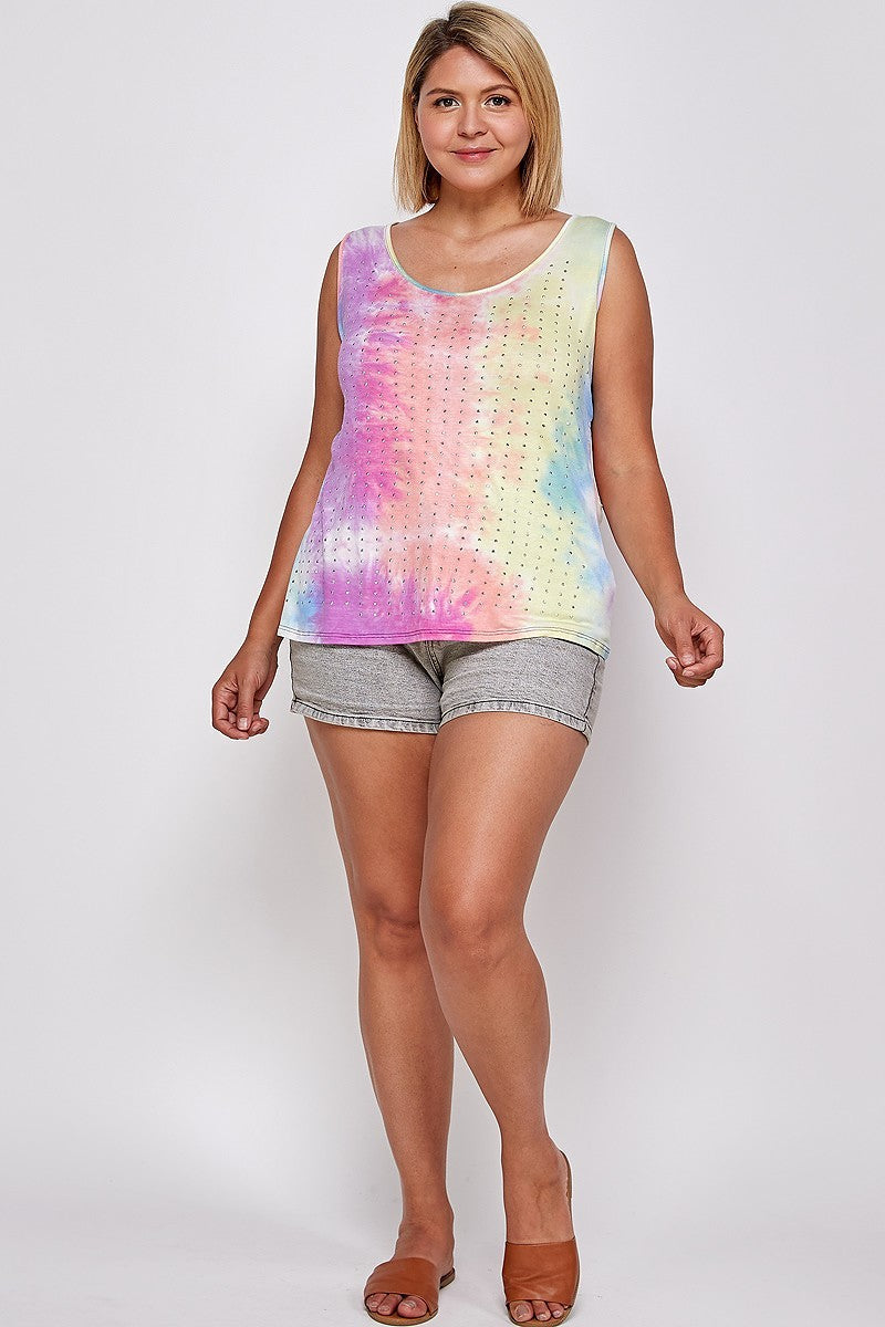 Tie Dye Tank With Studded Detail, Loose Fit, Easy Casual Wear Smile Sparker
