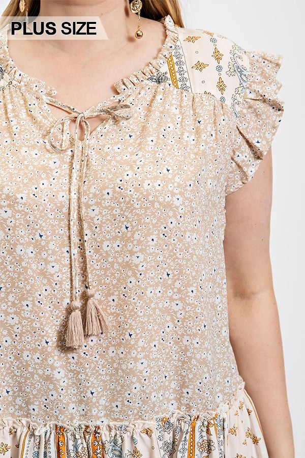 Woven Prints Mixed And Sleeveless Flutter Top With Tassel Tie Smile Sparker