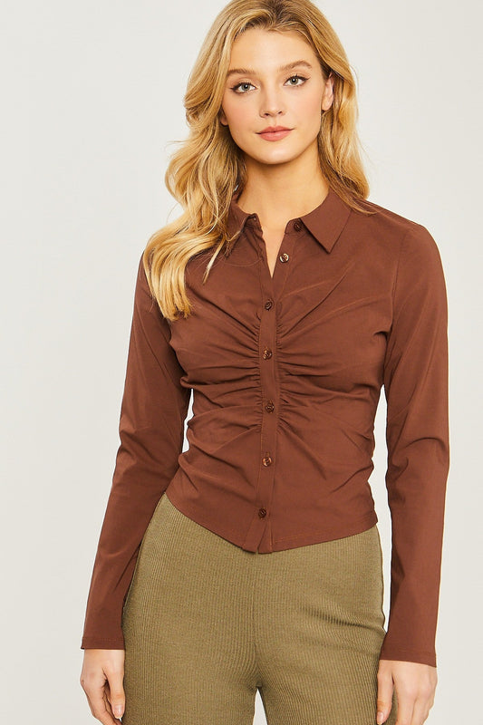 Woven Solid Ruched Front Long Sleeve Smile Sparker