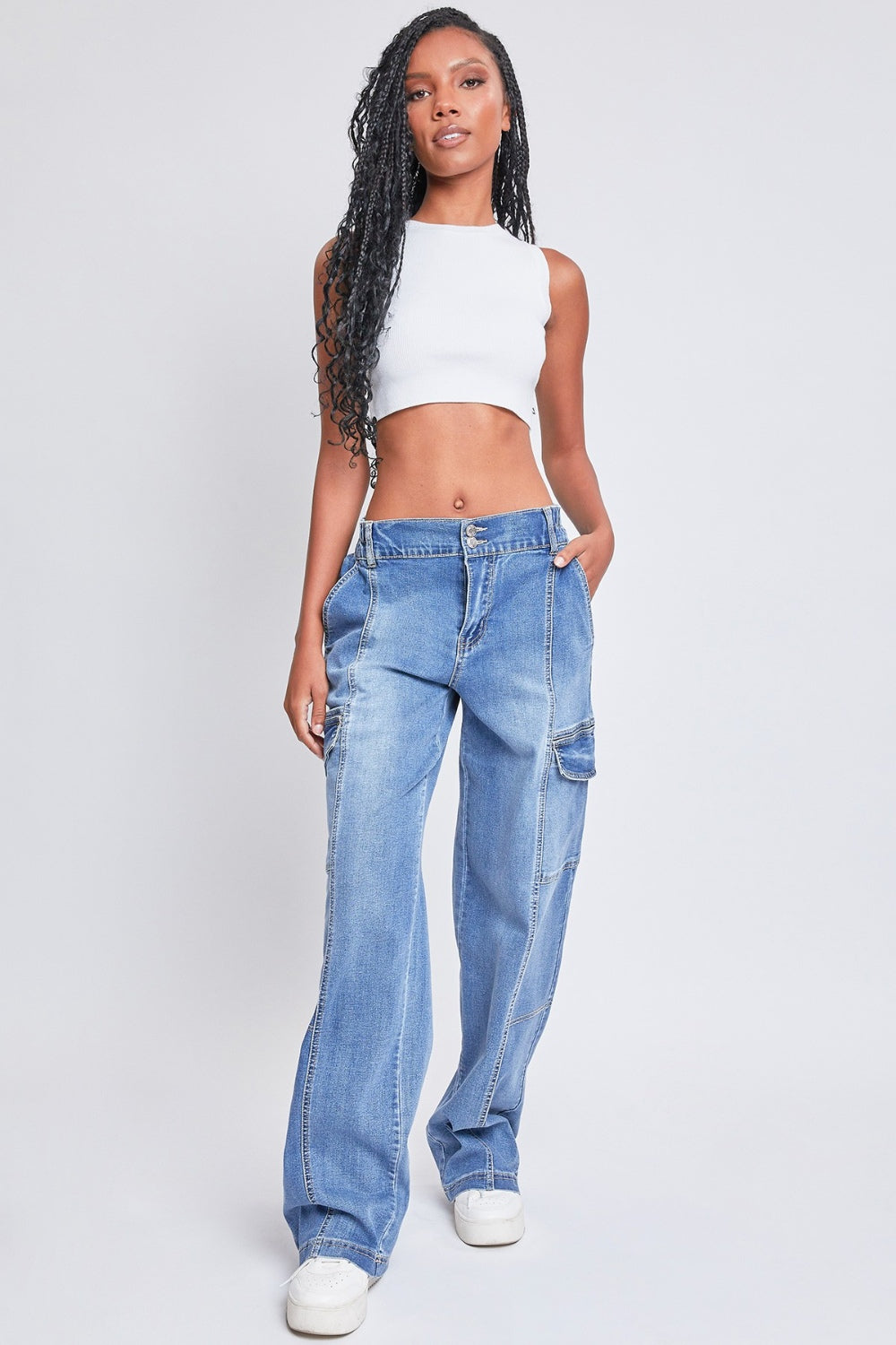 YMI Jeanswear High-Rise Straight Cargo Jeans - JEANS - Medium Denim