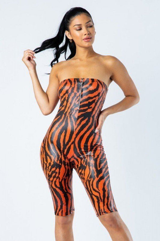 Zebra Print Tube Romper With Front O Ring Zipper Detail Smile Sparker