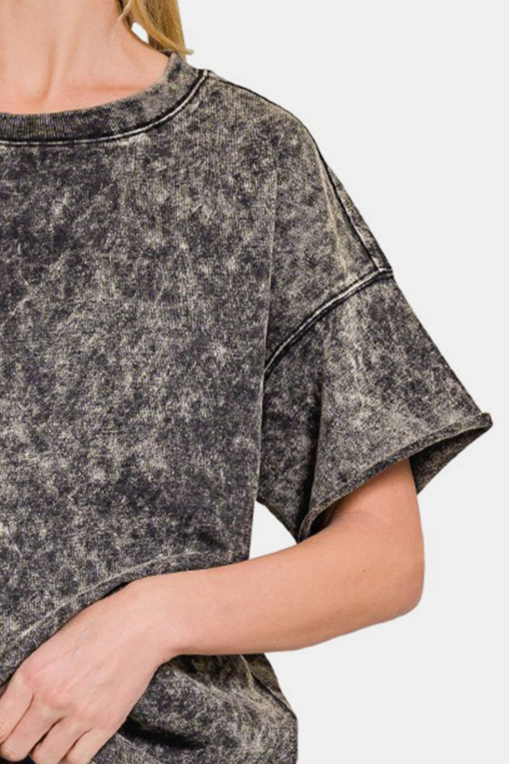 Zenana Rolled Round Neck Short Sleeve T-Shirt - SHIRTS & BLOUSES - Black