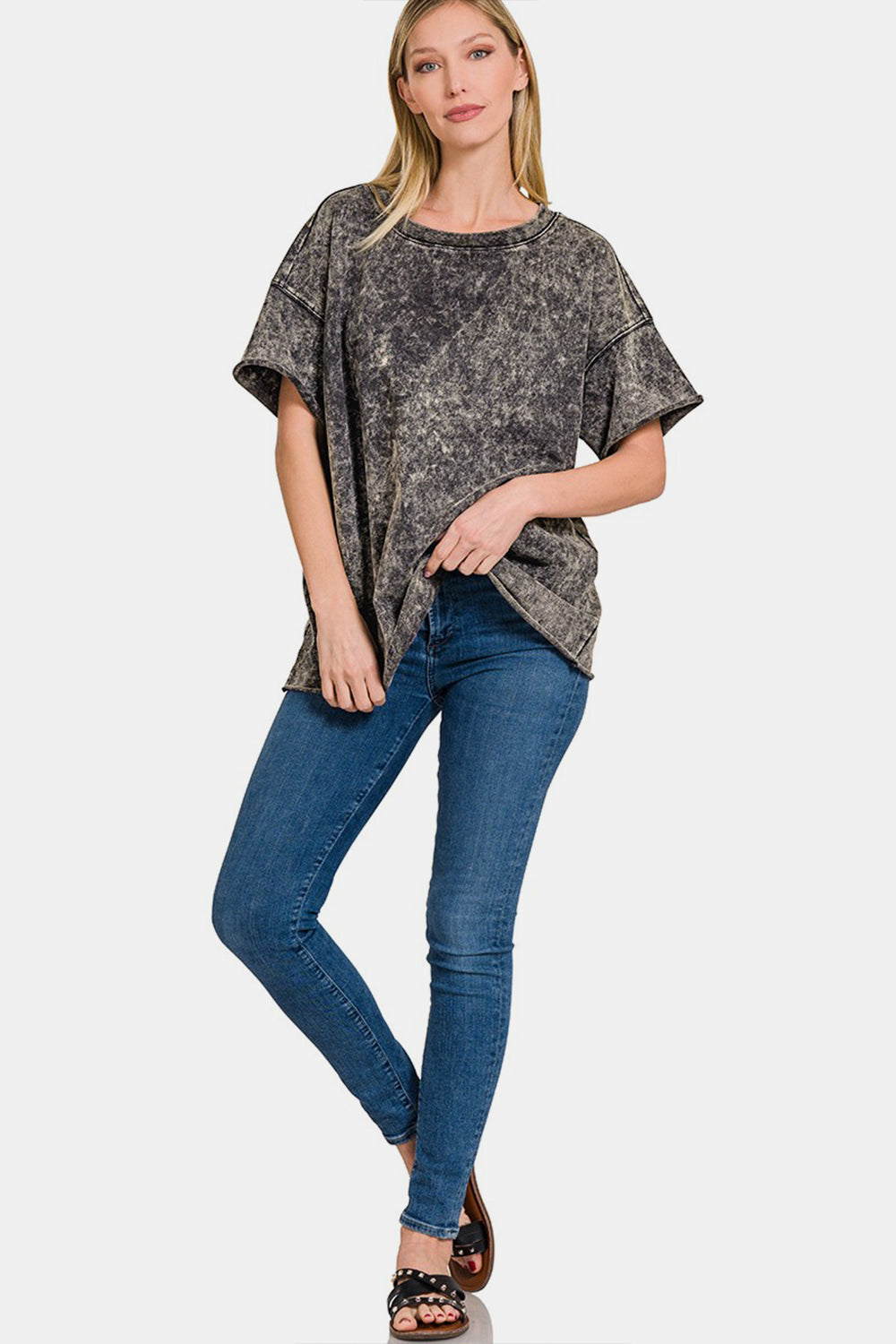 Zenana Rolled Round Neck Short Sleeve T-Shirt - SHIRTS & BLOUSES - Black