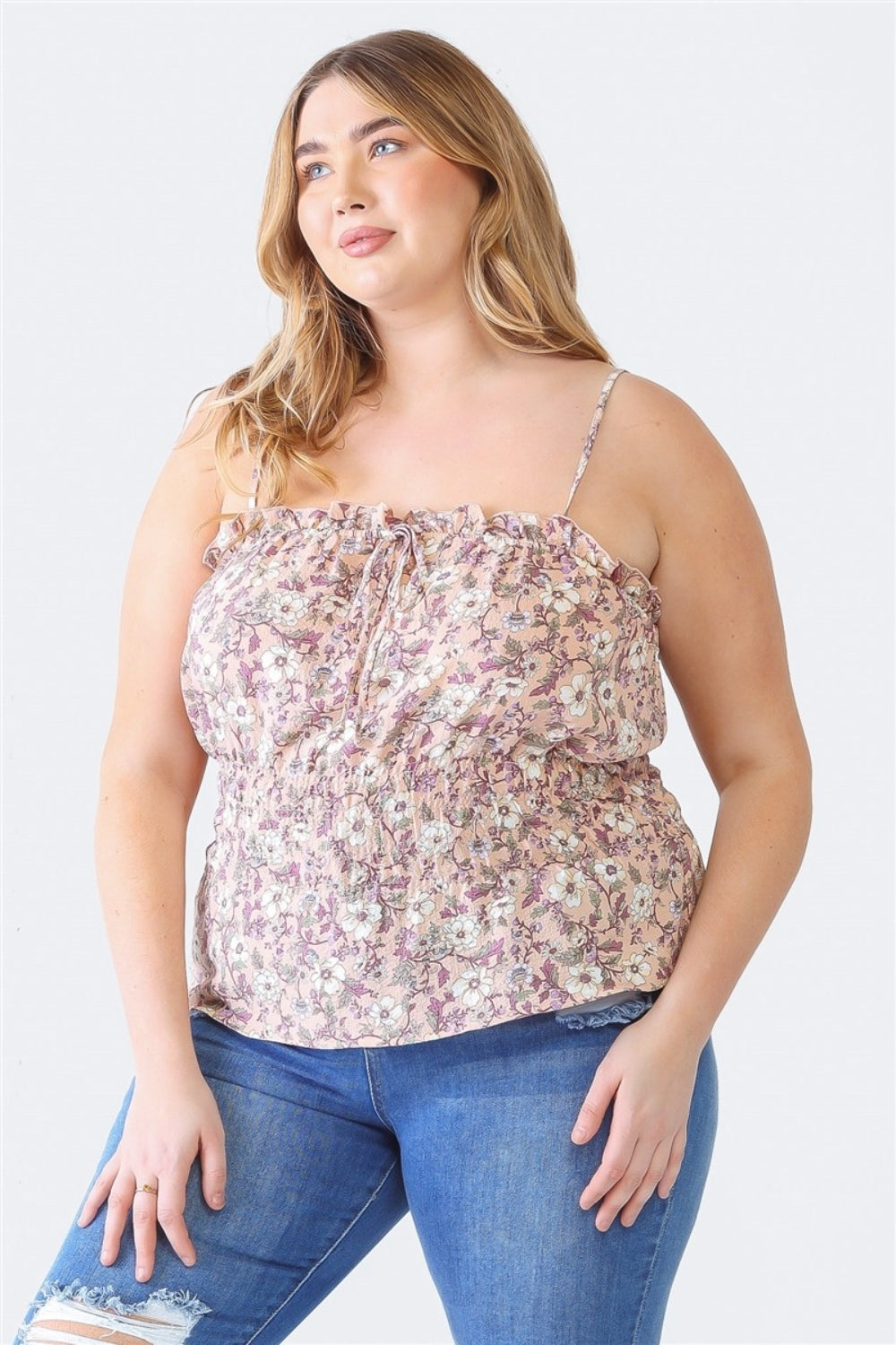 Zenobia Plus Size Frill Floral Square Neck Cami - Mauve / 1XL - PLUS TOPS - Black