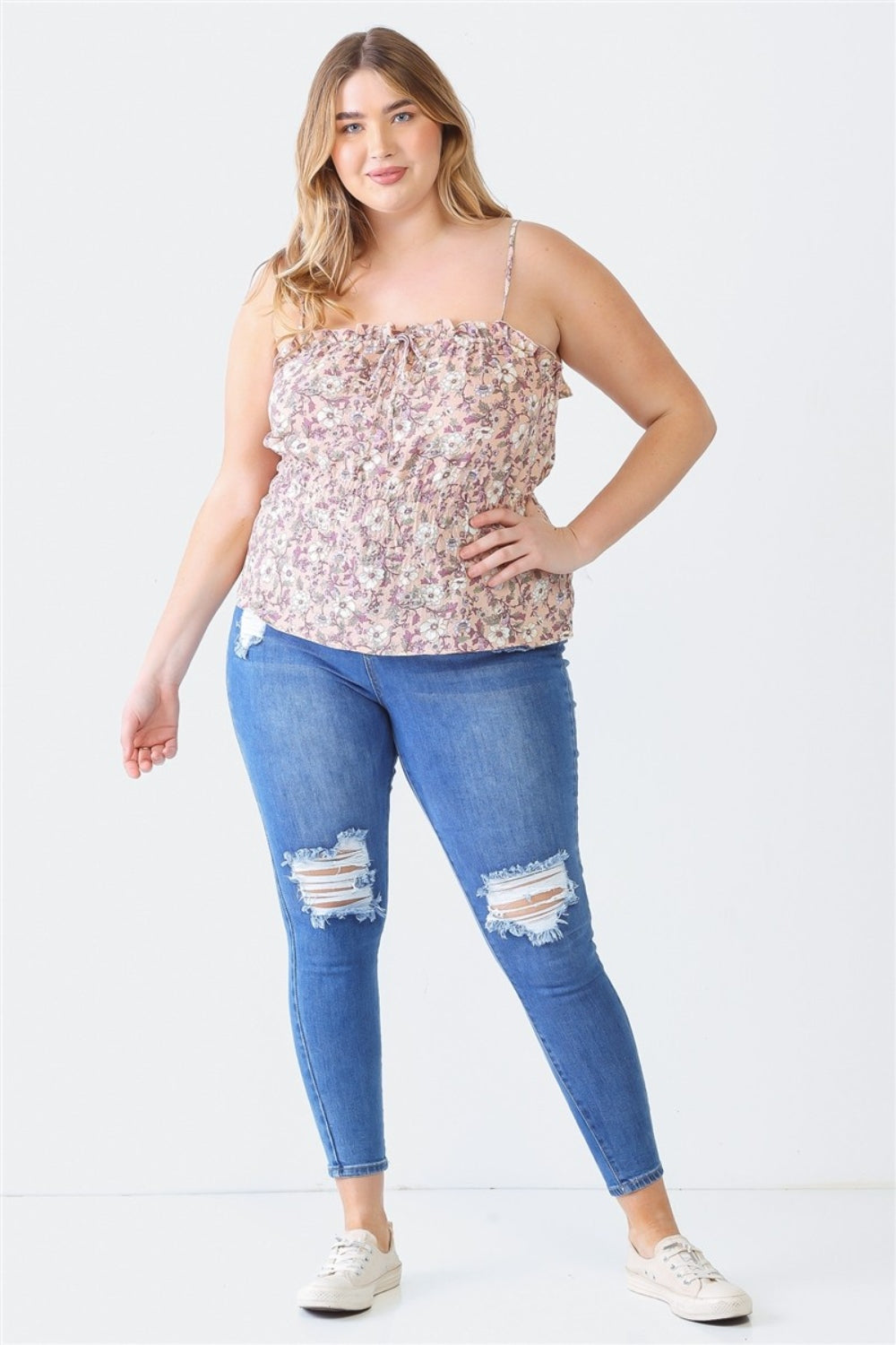 Zenobia Plus Size Frill Floral Square Neck Cami - PLUS TOPS - Black