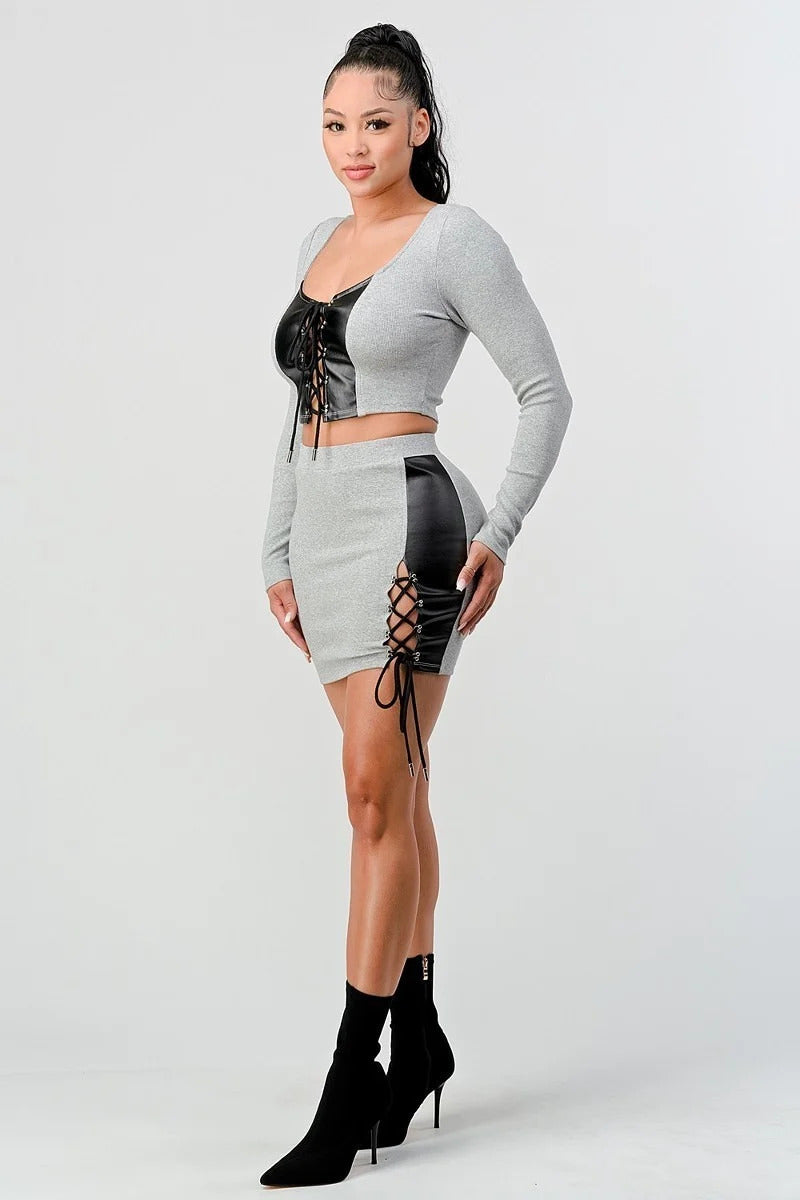 2 Piece Set With Cropped Long Sleeve Shirt With Pu Leather Detail Matching Mini Skirt Smile Sparker