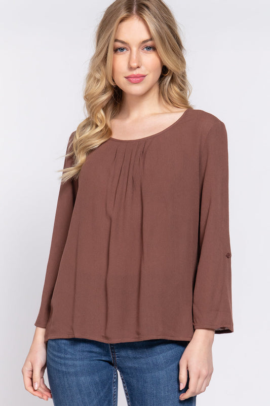 3/4 Roll Up Slv Pleated Blouse Smile Sparker