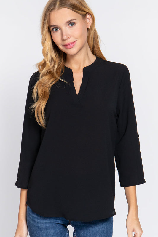 3/4 Roll Up Slv Woven Blouse Smile Sparker