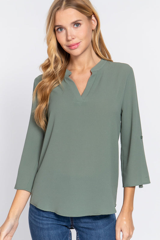 3/4 Roll Up Slv Woven Blouse Smile Sparker