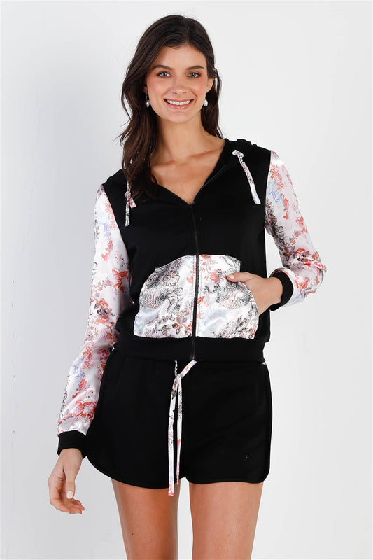 Black & Multi Color Print Colorblock Zip-up Hooded Top & Short Set Smile Sparker