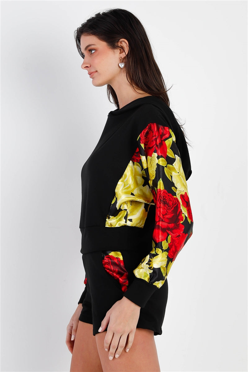 Black & Satin Effect Red & Lime Floral Print Hooded Top & Short Set Smile Sparker