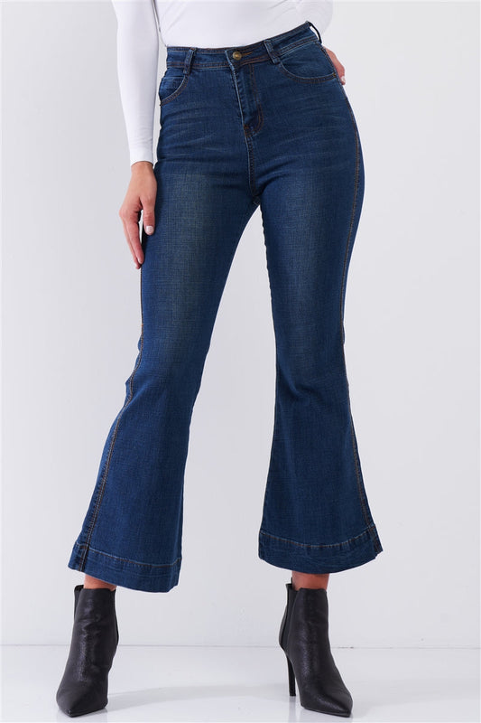 Blue Denim High Waisted Ankle Length Bell Bottom Flare Jeans Smile Sparker