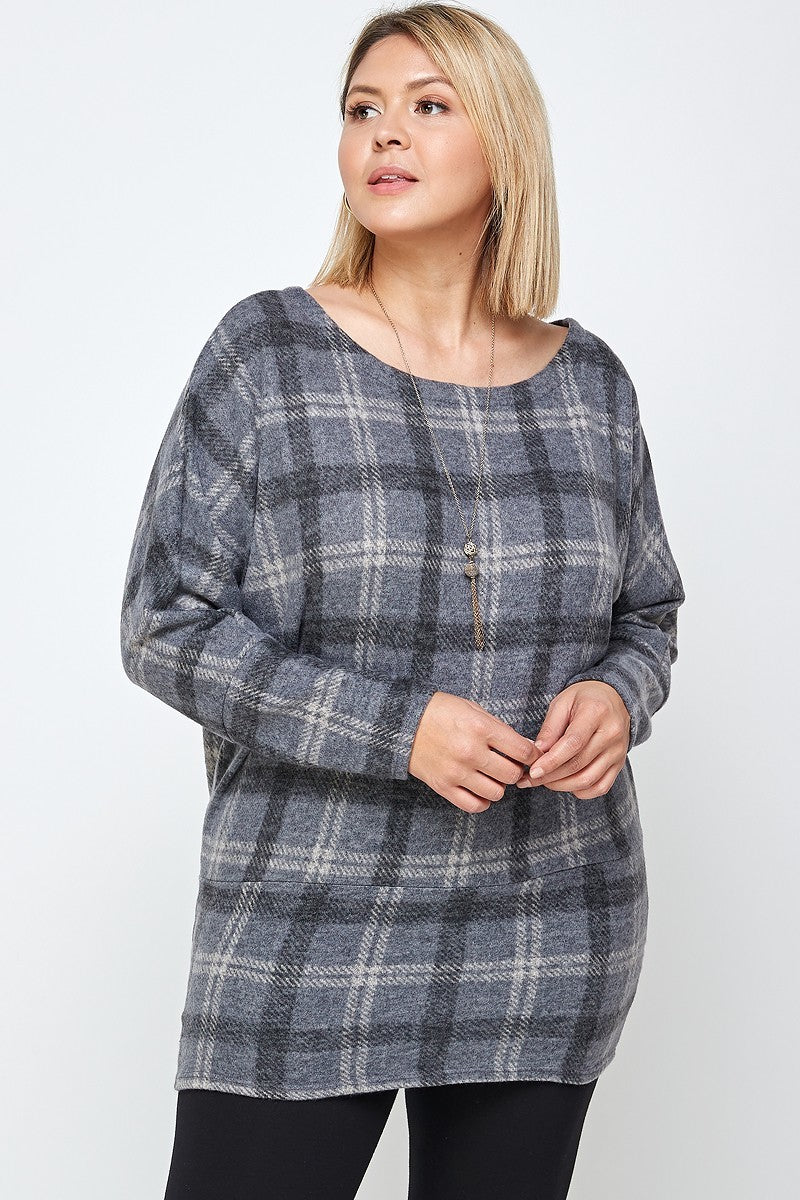 Boat Neck, Plaid Print Tunic Top, With Long Dolman Sleeves Smile Sparker