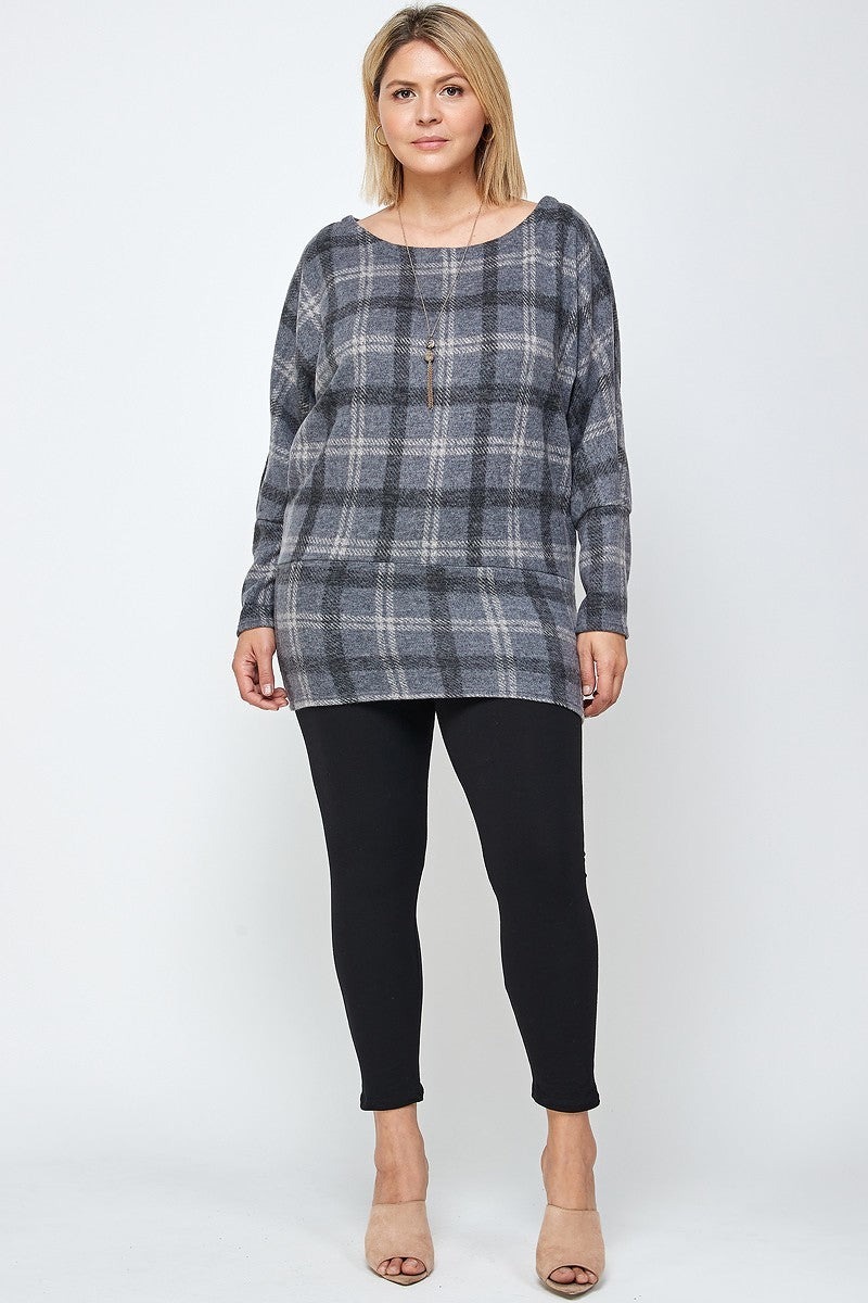 Boat Neck, Plaid Print Tunic Top, With Long Dolman Sleeves Smile Sparker