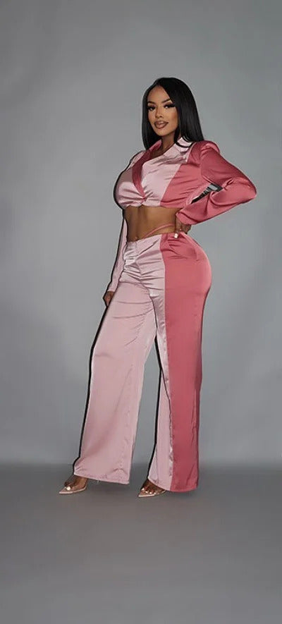 Colorblock Crop Blazer With Matching Low Rise Wide Leg Pant Set With Pockets Smile Sparker