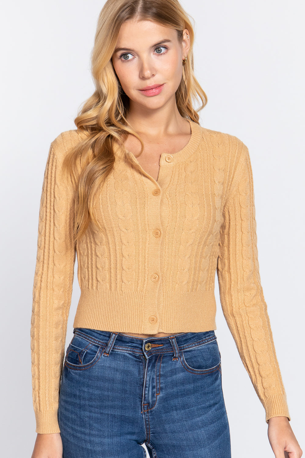 Crew Neck Cable Sweater Cardigan Smile Sparker